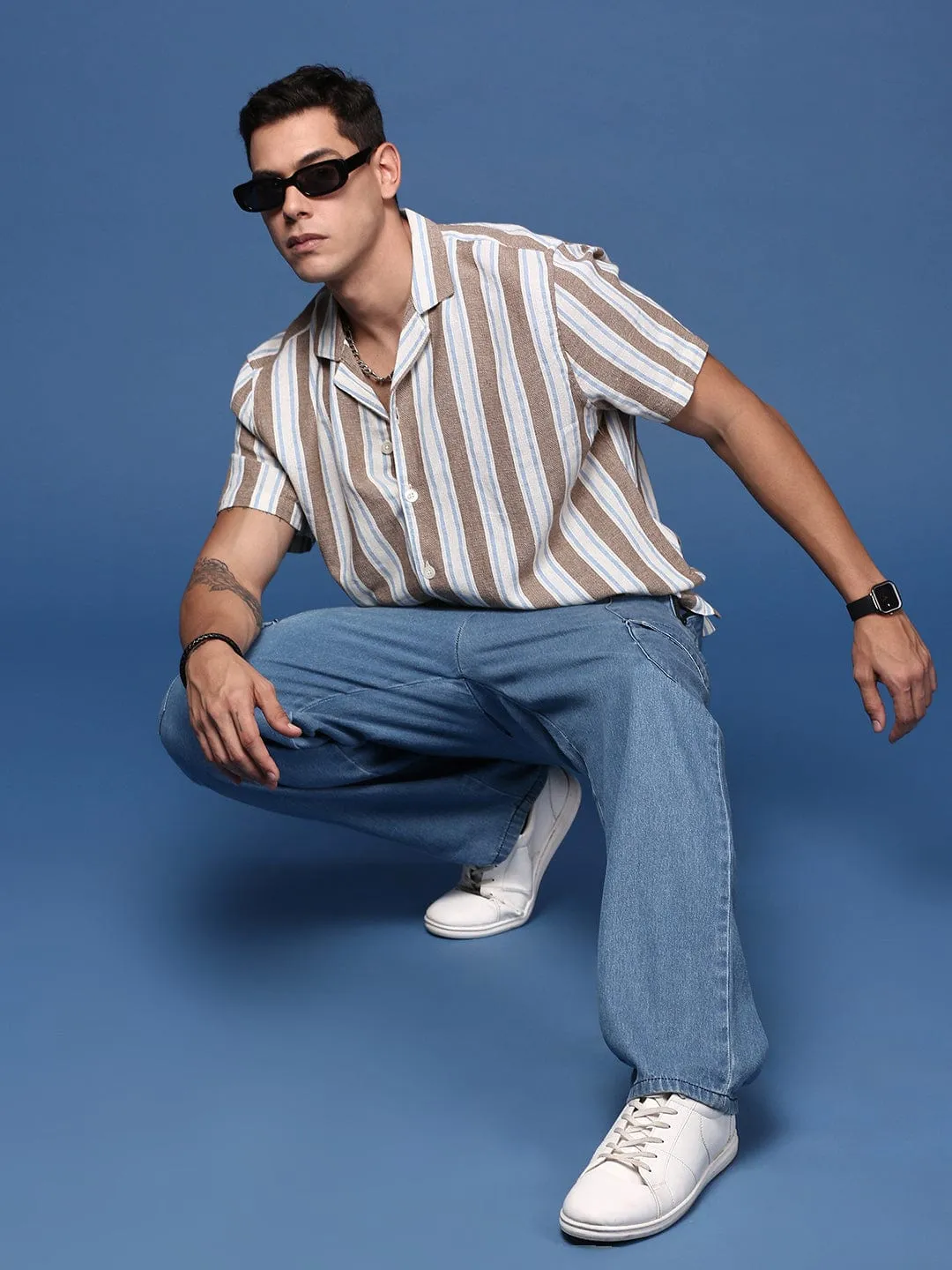Men Cuban Collar Striped Brown Casual Relaxed Fit Shirt