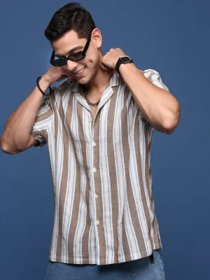Men Cuban Collar Striped Brown Casual Relaxed Fit Shirt