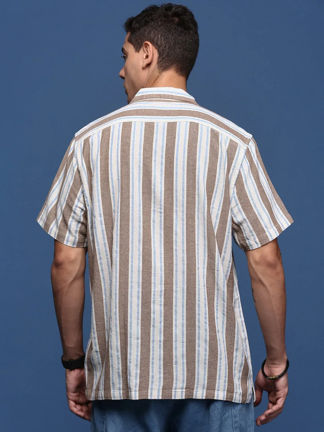 Men Cuban Collar Striped Brown Casual Relaxed Fit Shirt