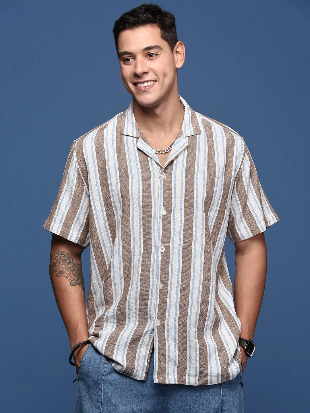 Men Cuban Collar Striped Brown Casual Relaxed Fit Shirt