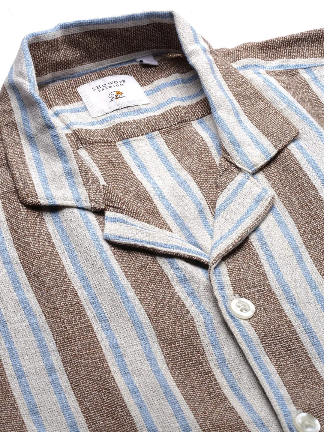 Men Cuban Collar Striped Brown Casual Relaxed Fit Shirt