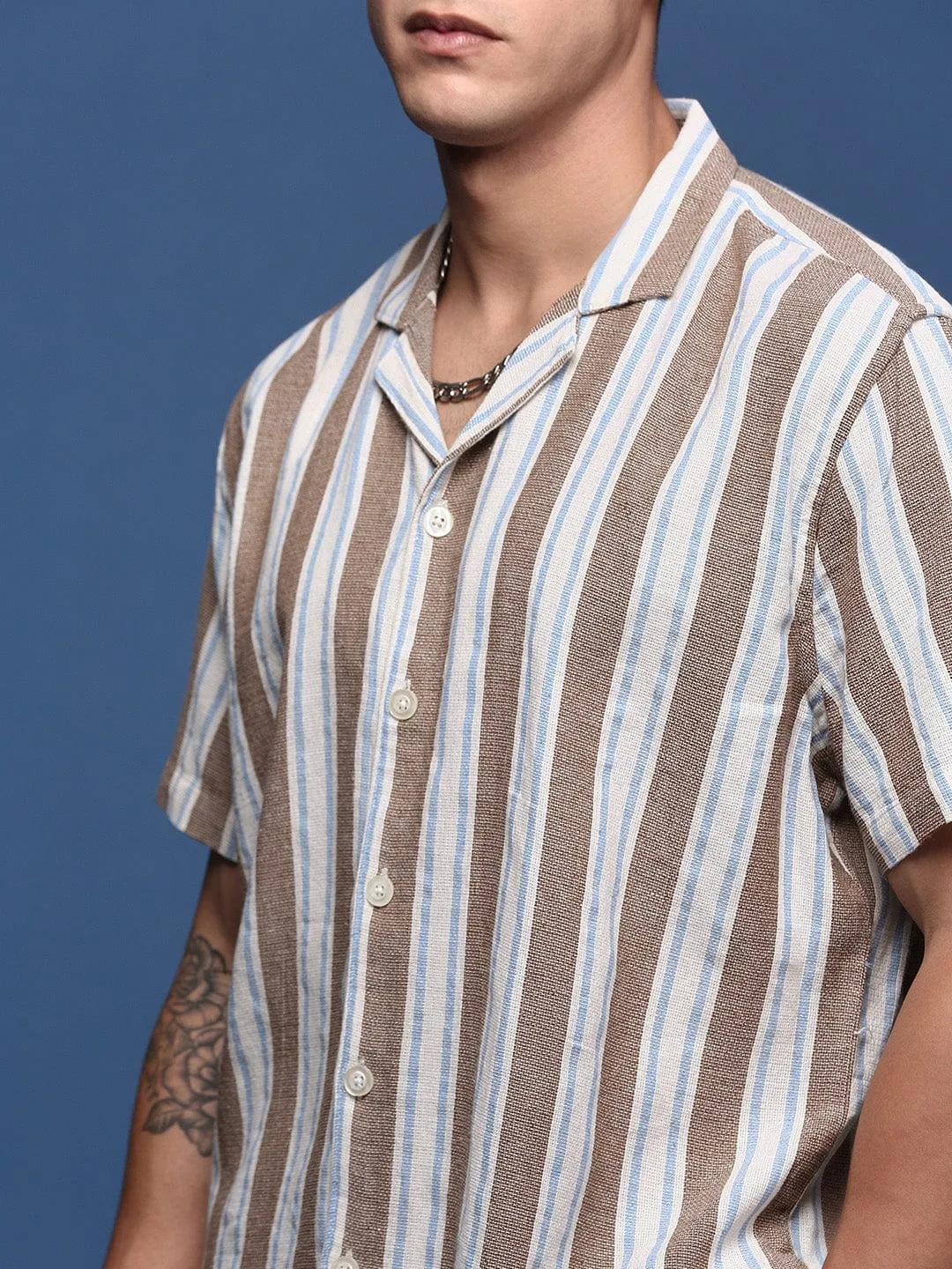 Men Cuban Collar Striped Brown Casual Relaxed Fit Shirt