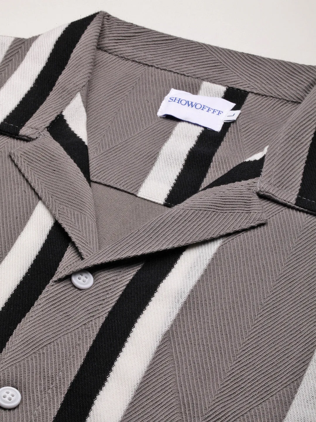 Men Grey Striped Cuban Collar Relaxed Fit Shirt