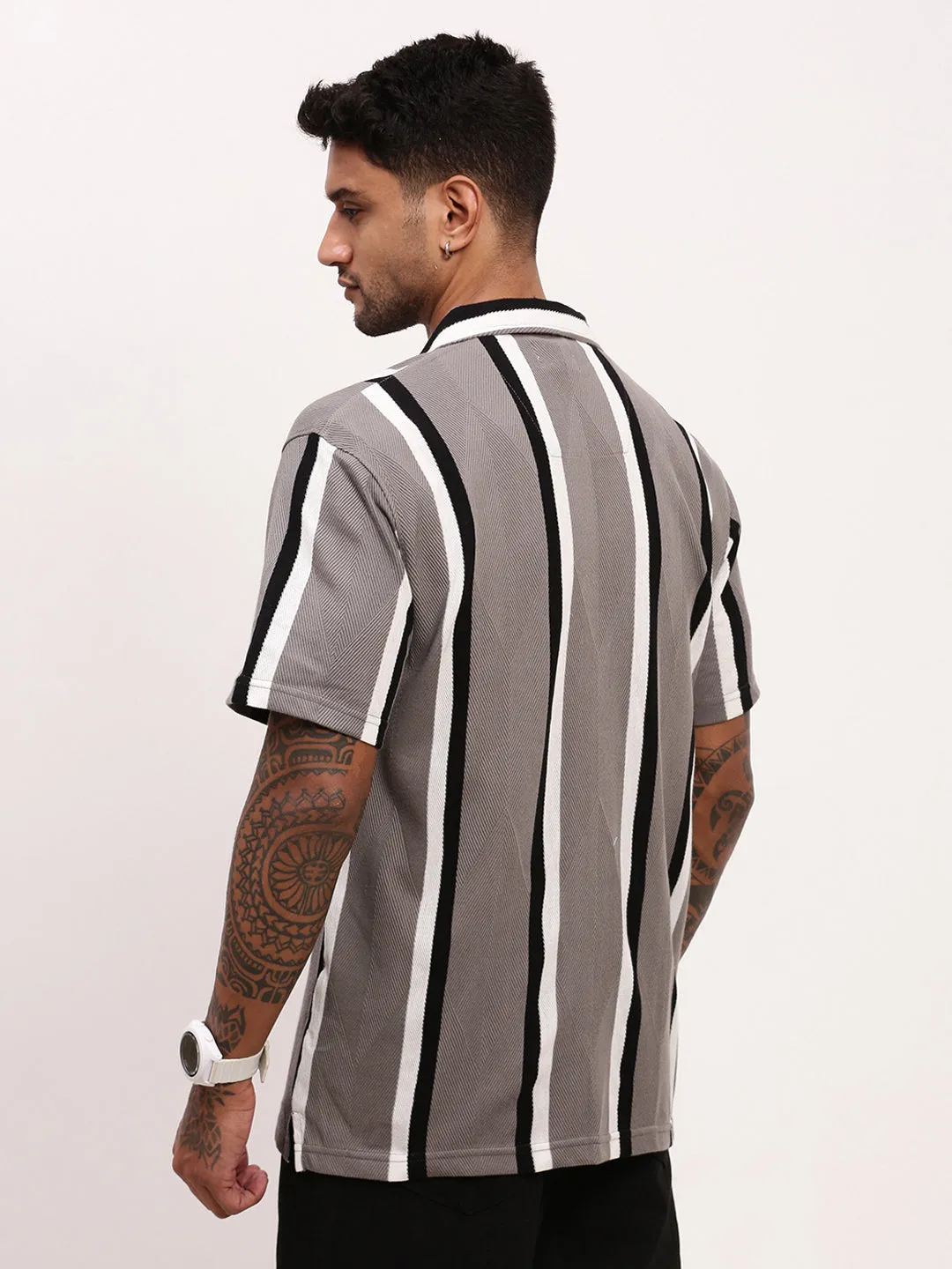 Men Grey Striped Cuban Collar Relaxed Fit Shirt
