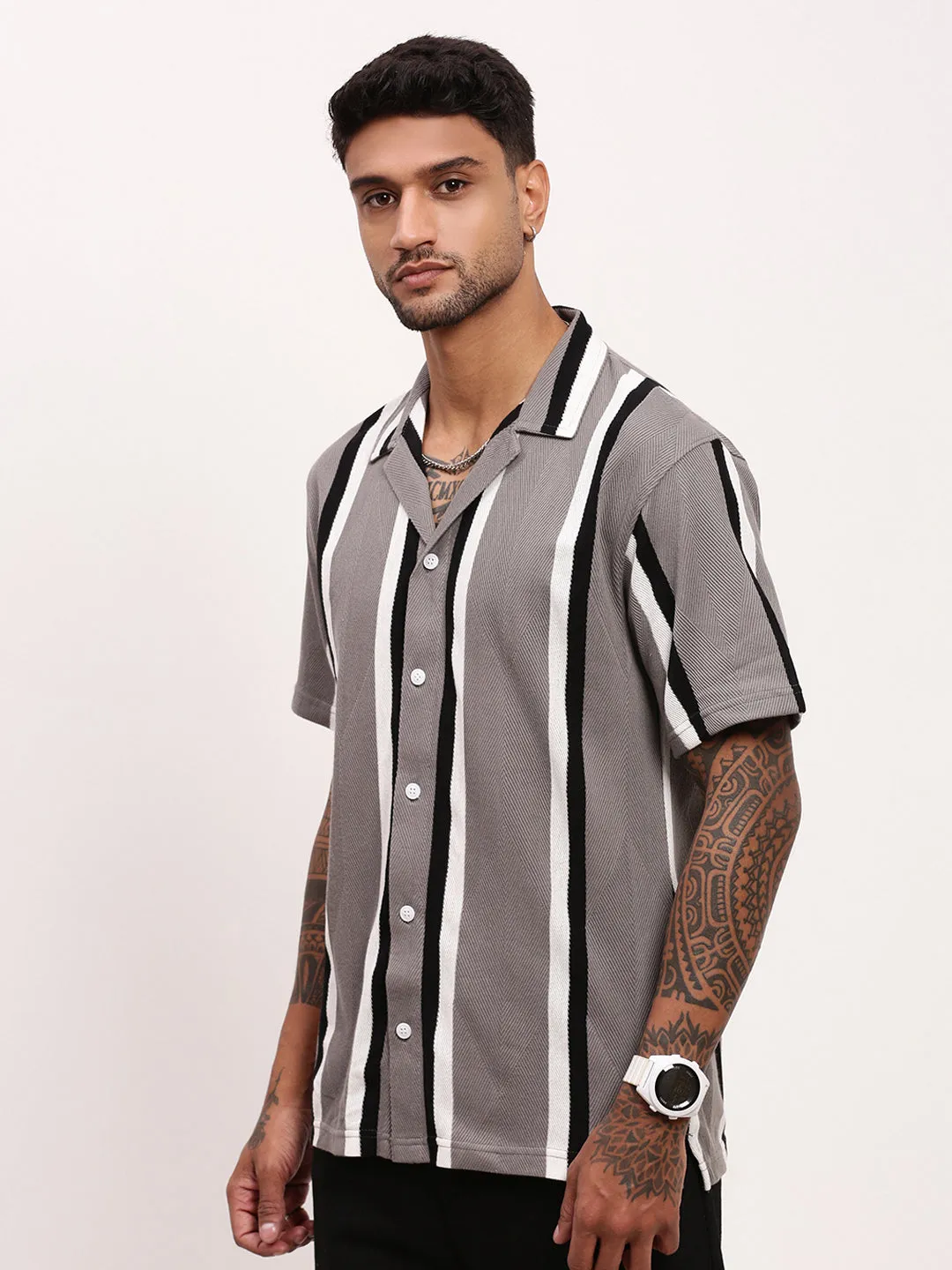 Men Grey Striped Cuban Collar Relaxed Fit Shirt