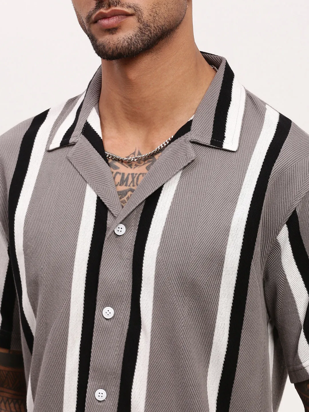 Men Grey Striped Cuban Collar Relaxed Fit Shirt
