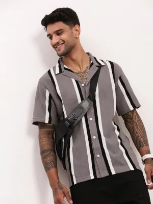 Men Grey Striped Cuban Collar Relaxed Fit Shirt