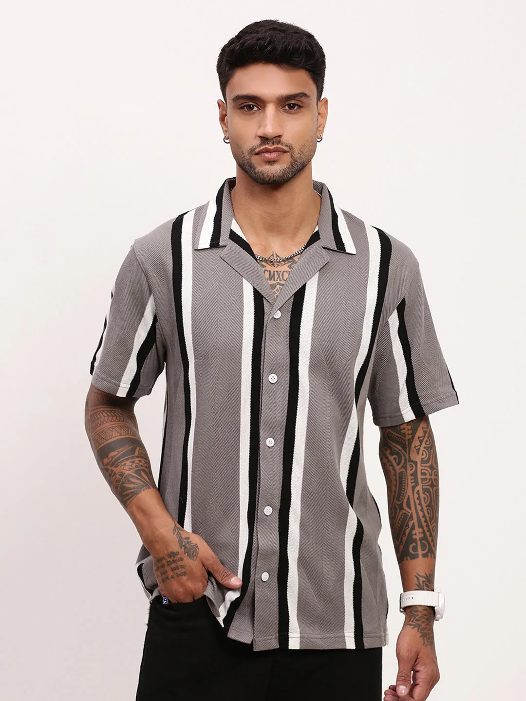Men Grey Striped Cuban Collar Relaxed Fit Shirt