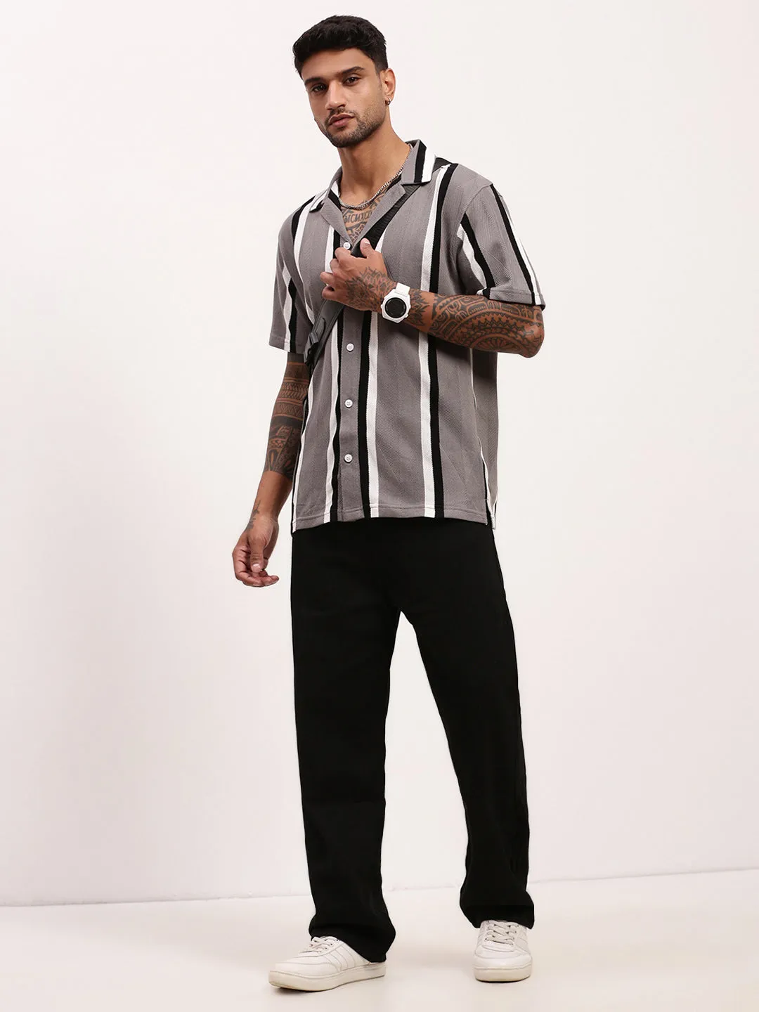 Men Grey Striped Cuban Collar Relaxed Fit Shirt