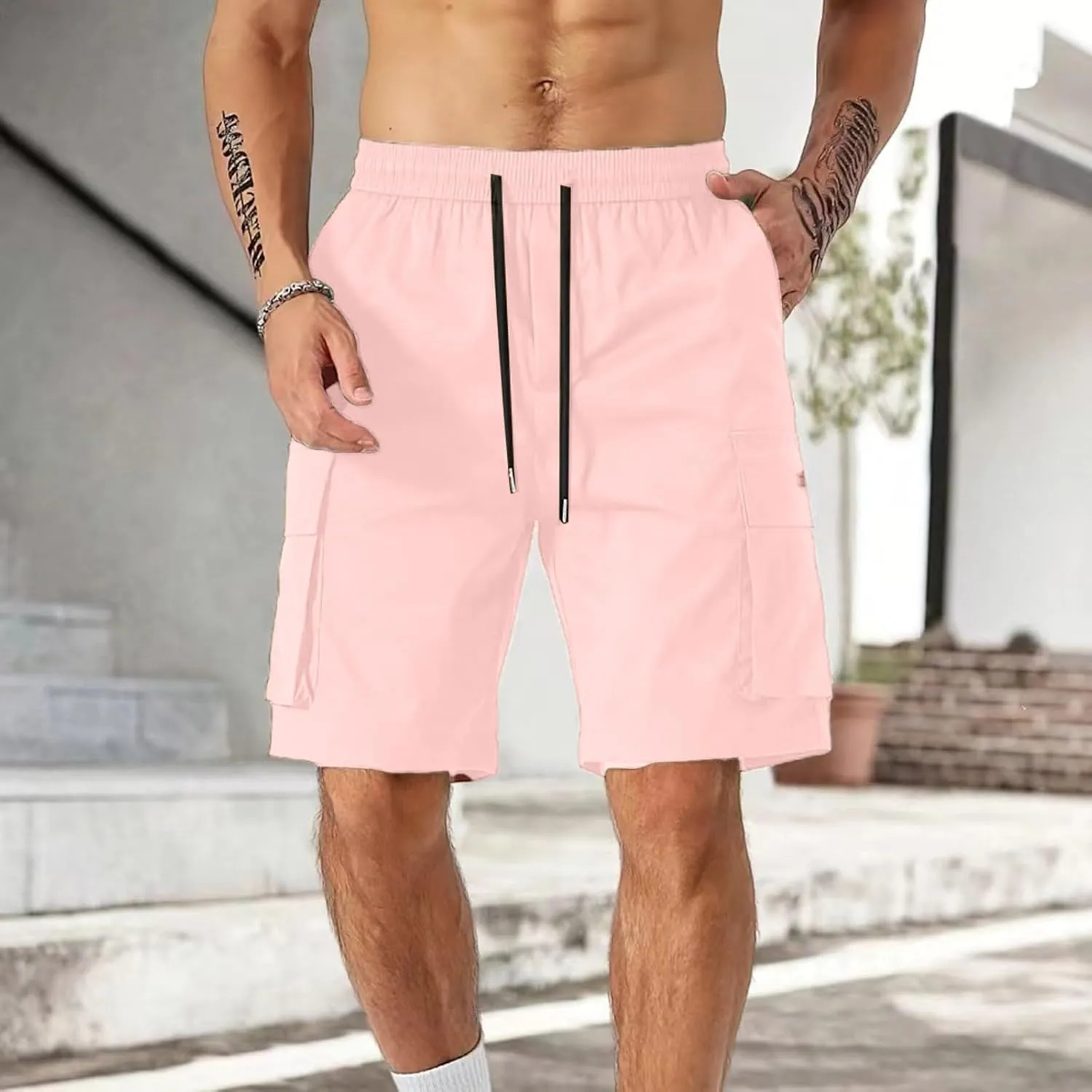 Mens Cargo Shorts Big and Tall Elastic Waist Long Fishing Hiking Shorts Drawstring Lounge Beach Pants Multi Pockets
