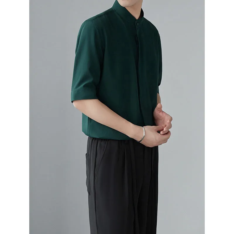 Mens Long Sleeve Shirt  Relaxed Fit  Lightweight Drapey Fabric  Mandarin Collar