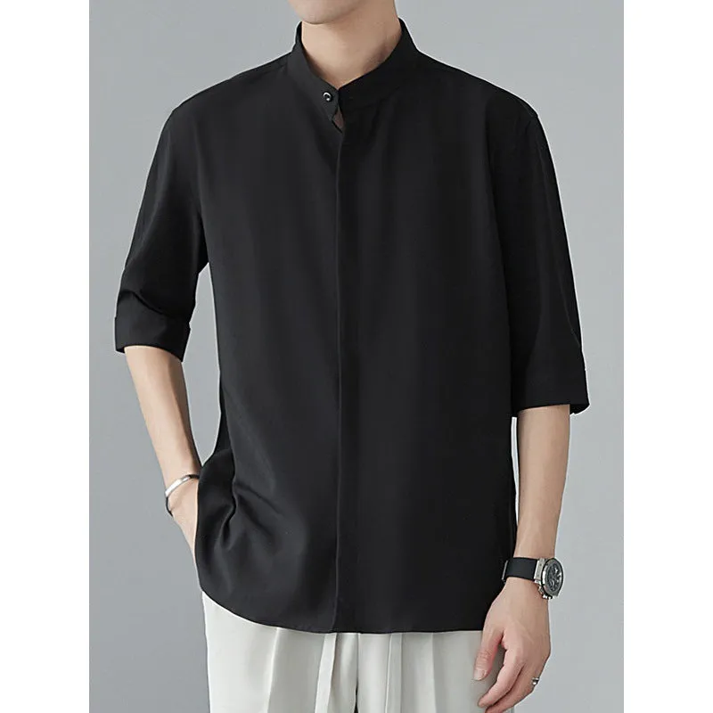 Mens Long Sleeve Shirt  Relaxed Fit  Lightweight Drapey Fabric  Mandarin Collar