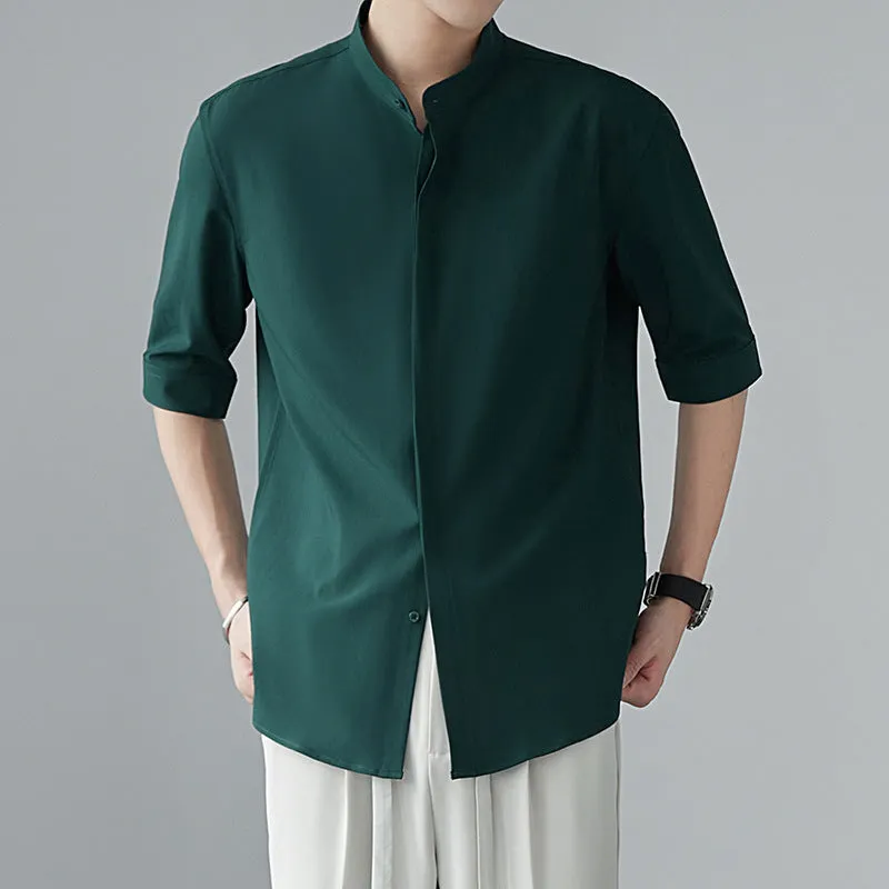 Mens Long Sleeve Shirt  Relaxed Fit  Lightweight Drapey Fabric  Mandarin Collar