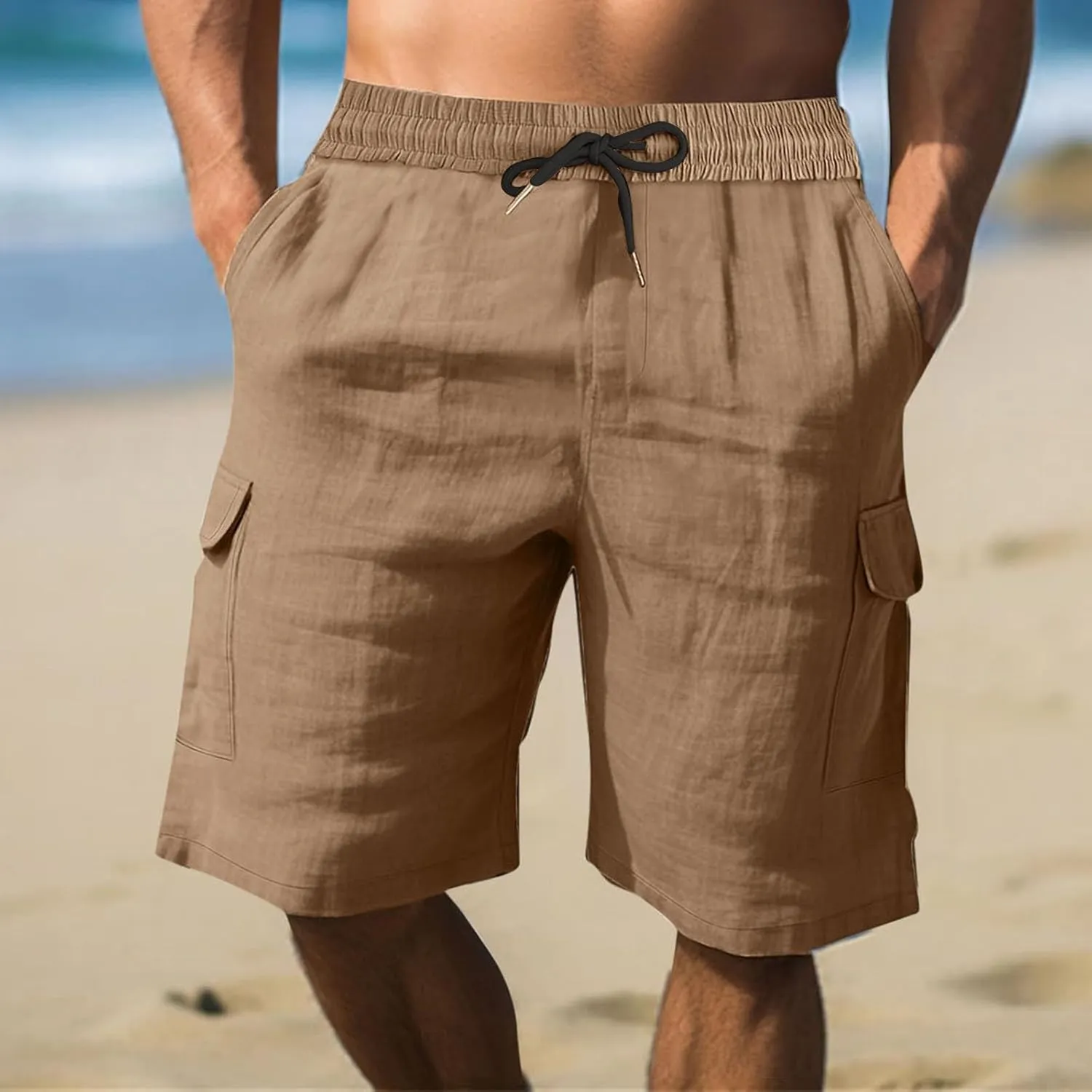 Muscularfit Mens Cotton Linen Shorts Casual Fashion Solid Drawstring Elastic Waist Shorts Summer Outdoor Vacation Beach Pants
