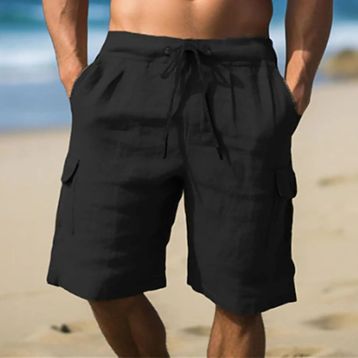 Muscularfit Mens Cotton Linen Shorts Casual Fashion Solid Drawstring Elastic Waist Shorts Summer Outdoor Vacation Beach Pants