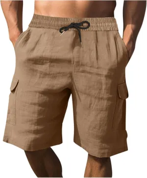 Muscularfit Mens Cotton Linen Shorts Casual Fashion Solid Drawstring Elastic Waist Shorts Summer Outdoor Vacation Beach Pants